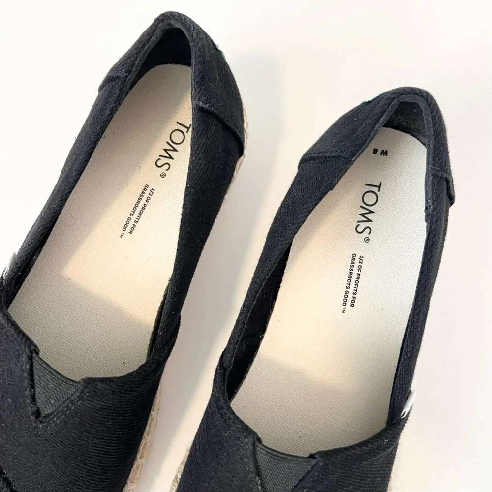 Toms Black Espadrille Platform Slip-Ons with Natural Jute Trim